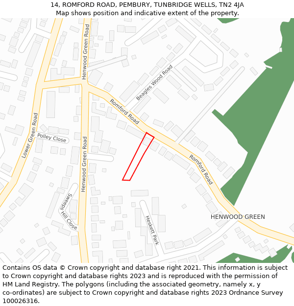 14, ROMFORD ROAD, PEMBURY, TUNBRIDGE WELLS, TN2 4JA: Location map and indicative extent of plot