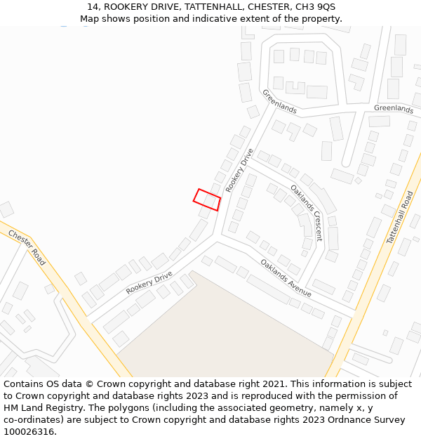 14, ROOKERY DRIVE, TATTENHALL, CHESTER, CH3 9QS: Location map and indicative extent of plot