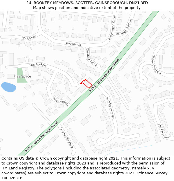 14, ROOKERY MEADOWS, SCOTTER, GAINSBOROUGH, DN21 3FD: Location map and indicative extent of plot