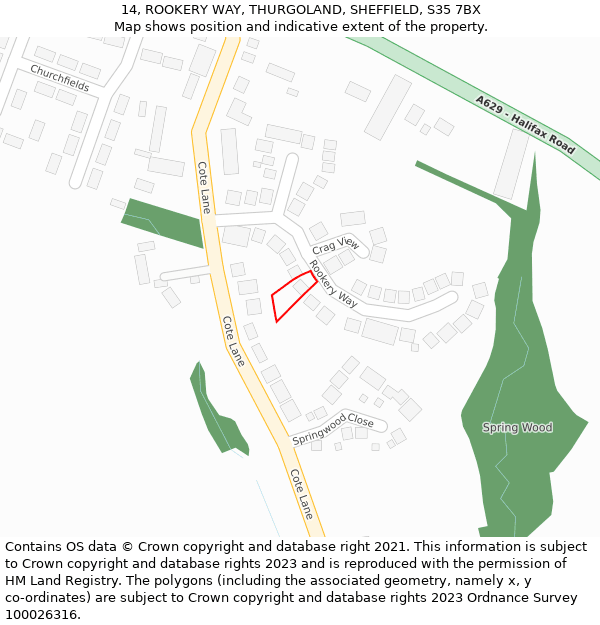 14, ROOKERY WAY, THURGOLAND, SHEFFIELD, S35 7BX: Location map and indicative extent of plot