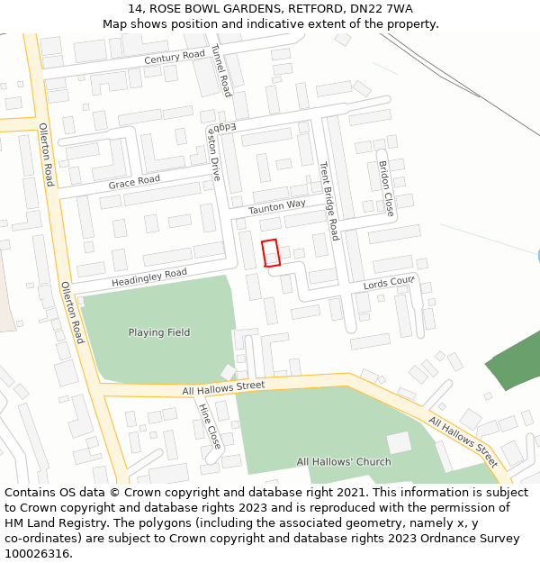 14, ROSE BOWL GARDENS, RETFORD, DN22 7WA: Location map and indicative extent of plot