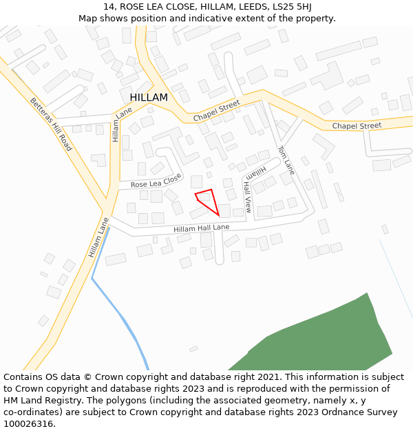 14, ROSE LEA CLOSE, HILLAM, LEEDS, LS25 5HJ: Location map and indicative extent of plot