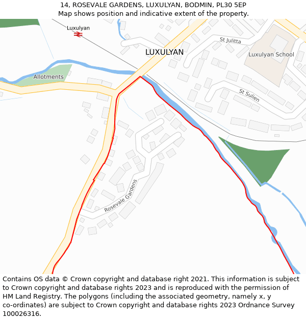 14, ROSEVALE GARDENS, LUXULYAN, BODMIN, PL30 5EP: Location map and indicative extent of plot