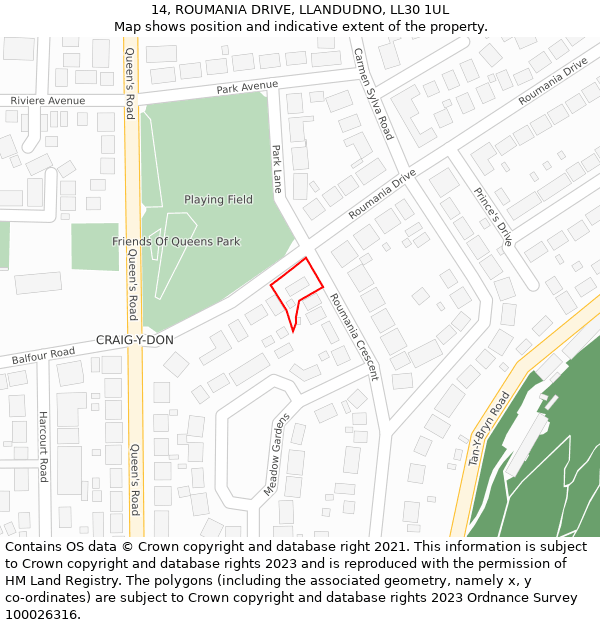 14, ROUMANIA DRIVE, LLANDUDNO, LL30 1UL: Location map and indicative extent of plot