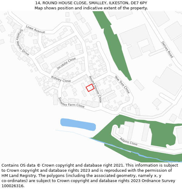 14, ROUND HOUSE CLOSE, SMALLEY, ILKESTON, DE7 6PY: Location map and indicative extent of plot