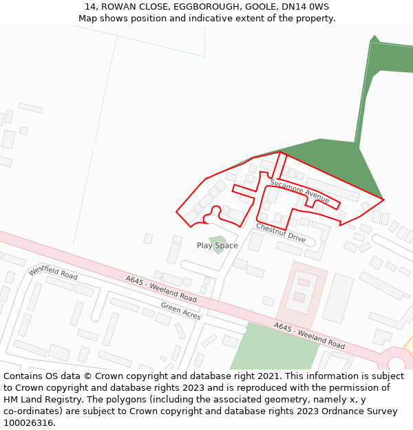 14, ROWAN CLOSE, EGGBOROUGH, GOOLE, DN14 0WS: Location map and indicative extent of plot