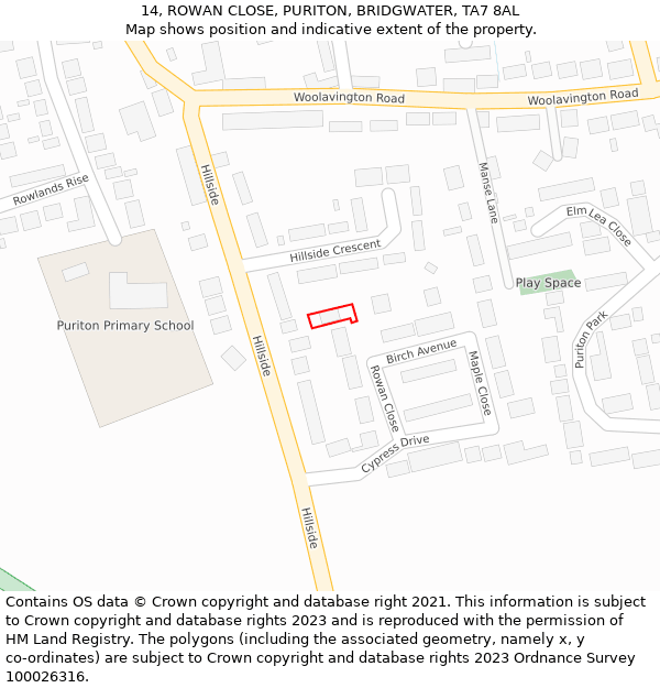 14, ROWAN CLOSE, PURITON, BRIDGWATER, TA7 8AL: Location map and indicative extent of plot