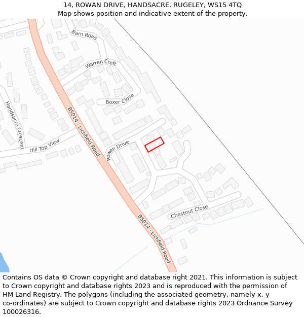 14, ROWAN DRIVE, HANDSACRE, RUGELEY, WS15 4TQ: Location map and indicative extent of plot