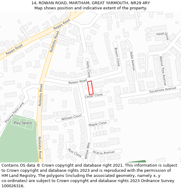 14, ROWAN ROAD, MARTHAM, GREAT YARMOUTH, NR29 4RY: Location map and indicative extent of plot