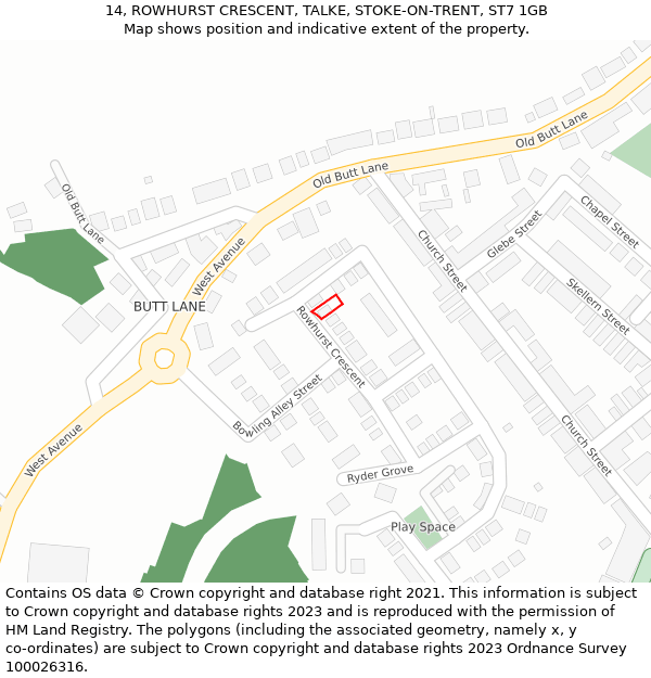 14, ROWHURST CRESCENT, TALKE, STOKE-ON-TRENT, ST7 1GB: Location map and indicative extent of plot