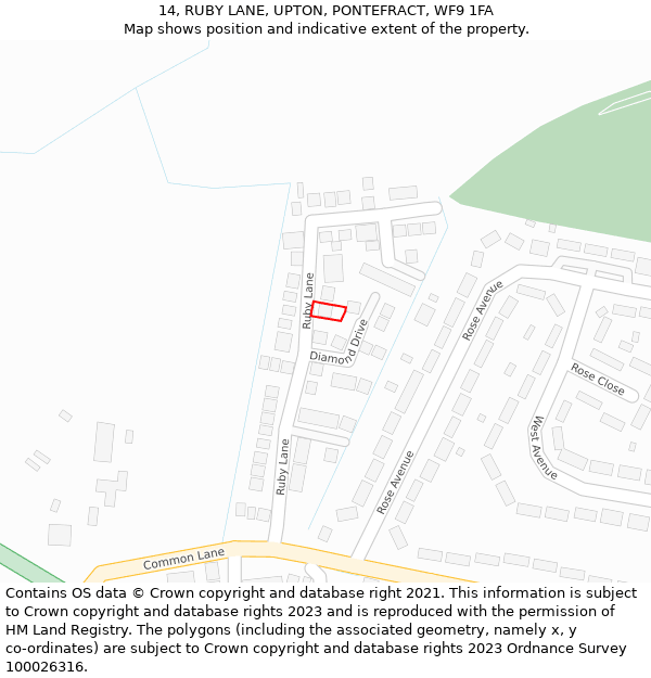 14, RUBY LANE, UPTON, PONTEFRACT, WF9 1FA: Location map and indicative extent of plot