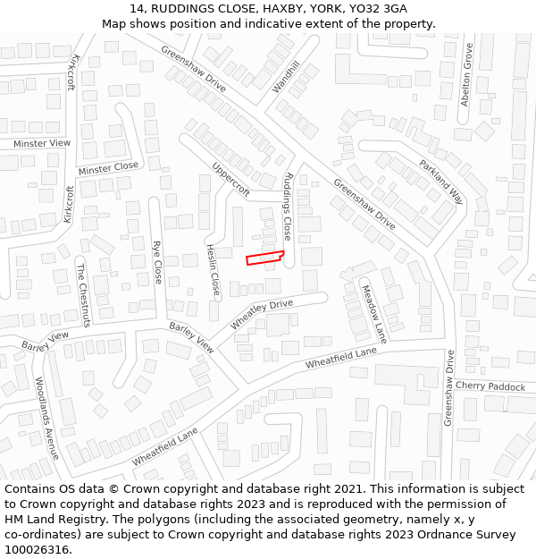 14, RUDDINGS CLOSE, HAXBY, YORK, YO32 3GA: Location map and indicative extent of plot