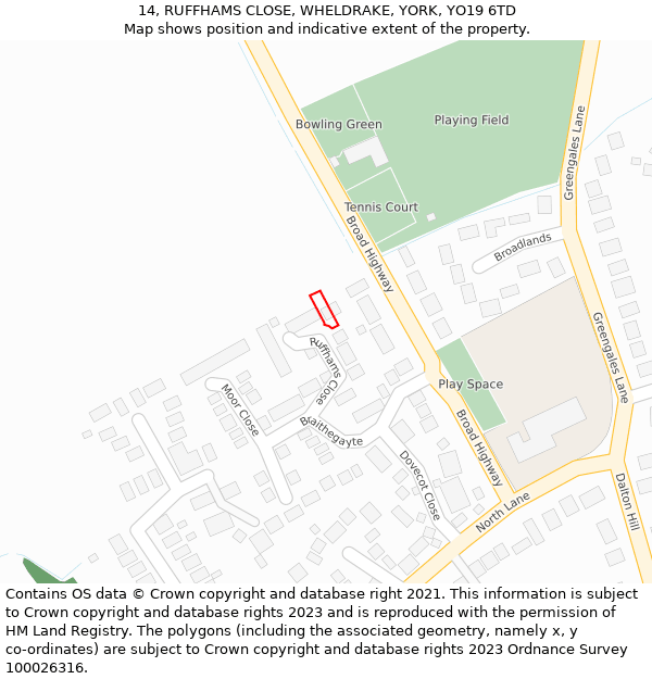 14, RUFFHAMS CLOSE, WHELDRAKE, YORK, YO19 6TD: Location map and indicative extent of plot