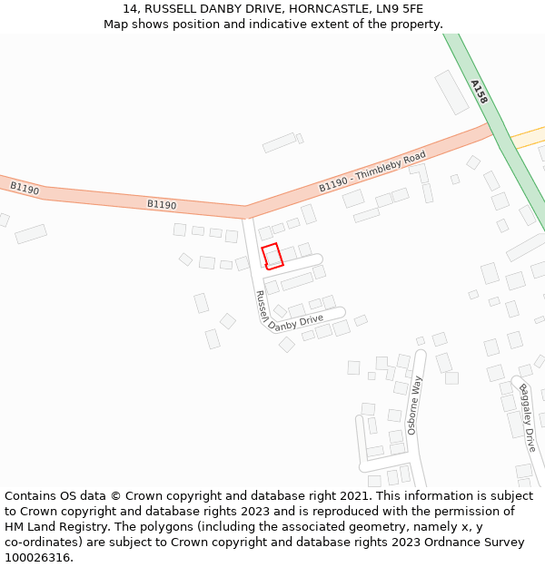14, RUSSELL DANBY DRIVE, HORNCASTLE, LN9 5FE: Location map and indicative extent of plot