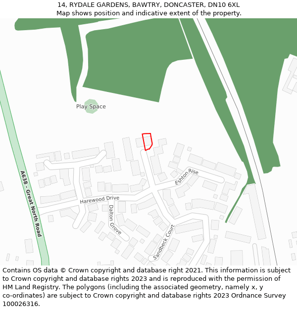 14, RYDALE GARDENS, BAWTRY, DONCASTER, DN10 6XL: Location map and indicative extent of plot