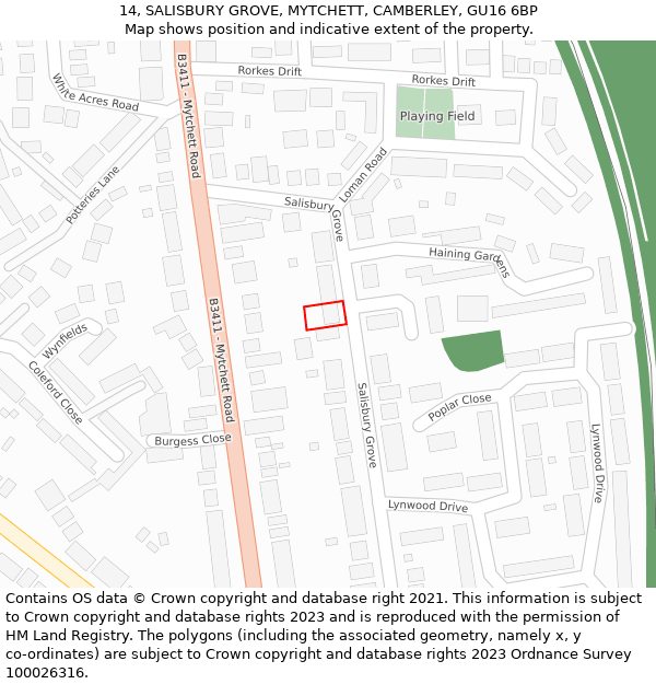 14, SALISBURY GROVE, MYTCHETT, CAMBERLEY, GU16 6BP: Location map and indicative extent of plot