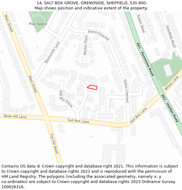 14, SALT BOX GROVE, GRENOSIDE, SHEFFIELD, S35 8SG: Location map and indicative extent of plot