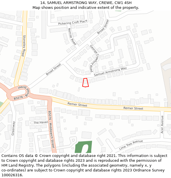 14, SAMUEL ARMSTRONG WAY, CREWE, CW1 4SH: Location map and indicative extent of plot