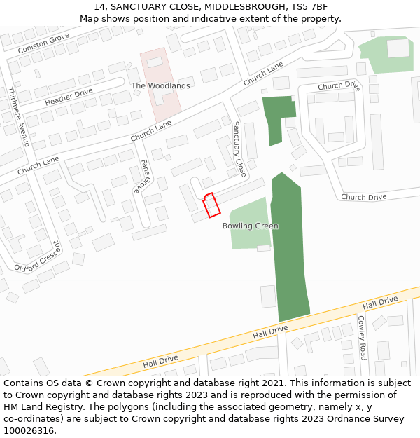 14, SANCTUARY CLOSE, MIDDLESBROUGH, TS5 7BF: Location map and indicative extent of plot