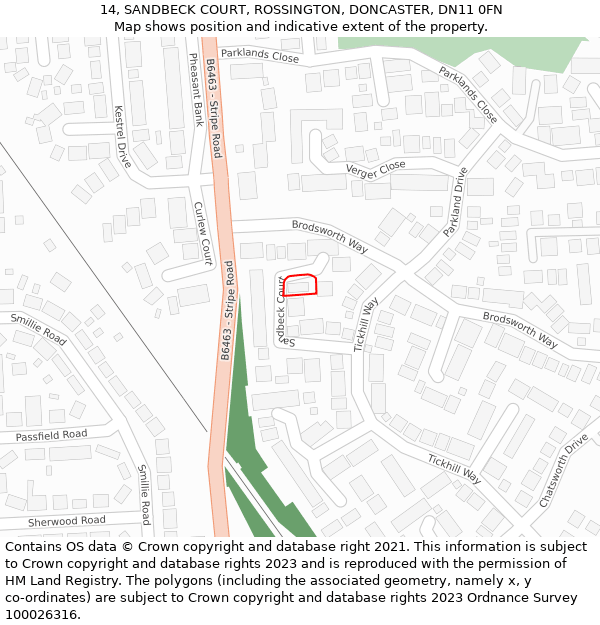 14, SANDBECK COURT, ROSSINGTON, DONCASTER, DN11 0FN: Location map and indicative extent of plot