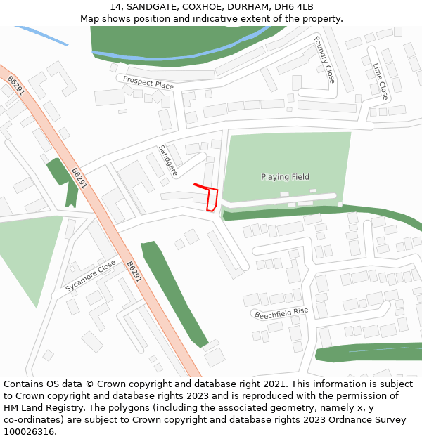 14, SANDGATE, COXHOE, DURHAM, DH6 4LB: Location map and indicative extent of plot