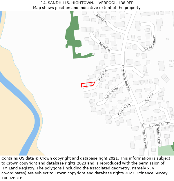 14, SANDHILLS, HIGHTOWN, LIVERPOOL, L38 9EP: Location map and indicative extent of plot