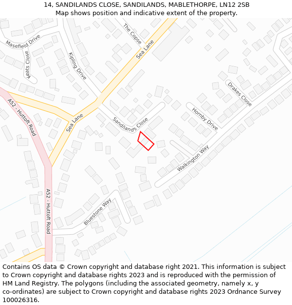 14, SANDILANDS CLOSE, SANDILANDS, MABLETHORPE, LN12 2SB: Location map and indicative extent of plot