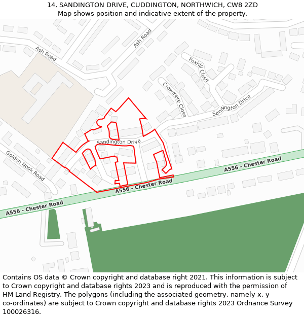 14, SANDINGTON DRIVE, CUDDINGTON, NORTHWICH, CW8 2ZD: Location map and indicative extent of plot