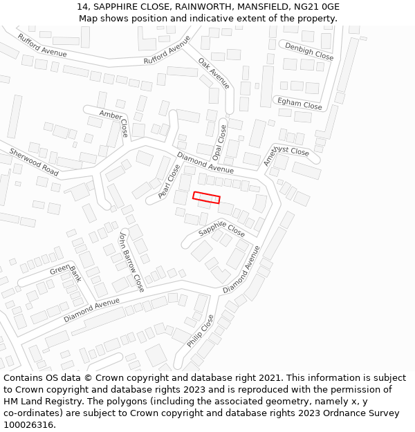 14, SAPPHIRE CLOSE, RAINWORTH, MANSFIELD, NG21 0GE: Location map and indicative extent of plot