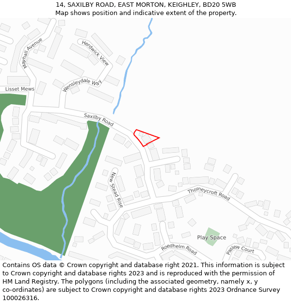 14, SAXILBY ROAD, EAST MORTON, KEIGHLEY, BD20 5WB: Location map and indicative extent of plot