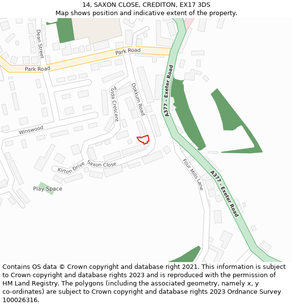 14, SAXON CLOSE, CREDITON, EX17 3DS: Location map and indicative extent of plot