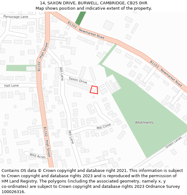 14, SAXON DRIVE, BURWELL, CAMBRIDGE, CB25 0HR: Location map and indicative extent of plot