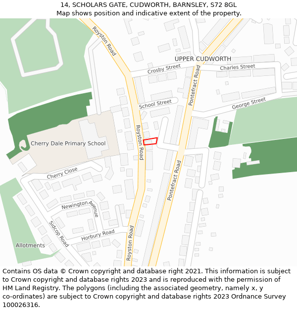 14, SCHOLARS GATE, CUDWORTH, BARNSLEY, S72 8GL: Location map and indicative extent of plot