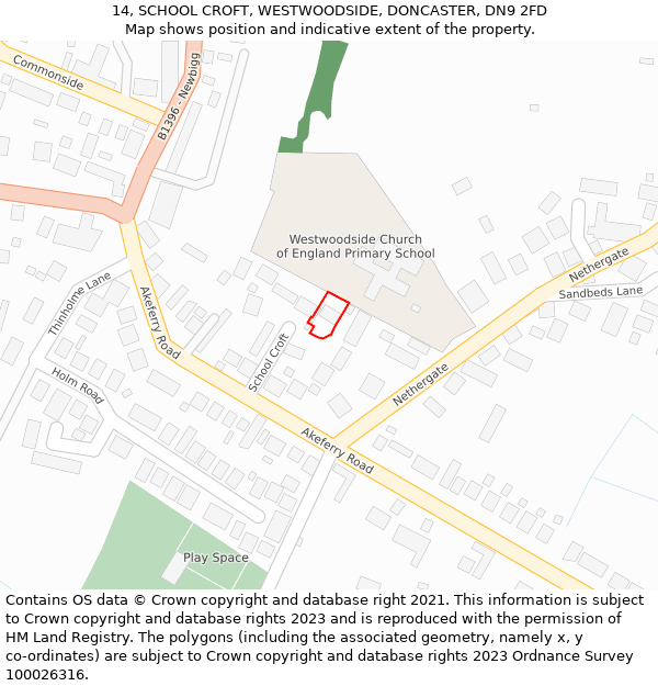 14, SCHOOL CROFT, WESTWOODSIDE, DONCASTER, DN9 2FD: Location map and indicative extent of plot