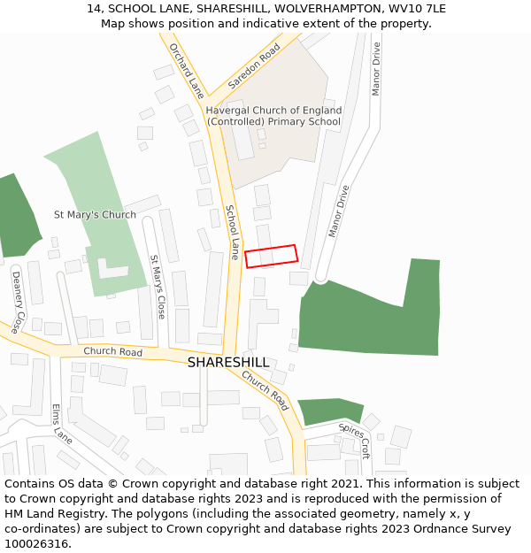 14, SCHOOL LANE, SHARESHILL, WOLVERHAMPTON, WV10 7LE: Location map and indicative extent of plot