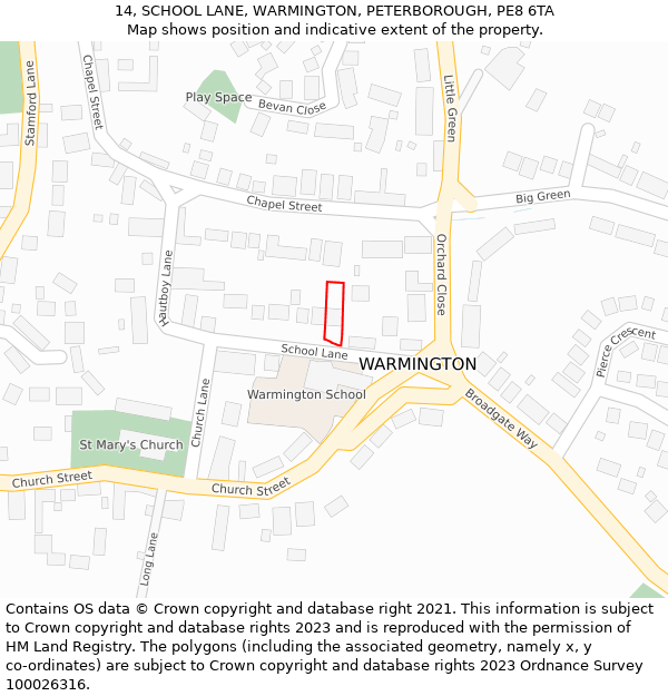 14, SCHOOL LANE, WARMINGTON, PETERBOROUGH, PE8 6TA: Location map and indicative extent of plot