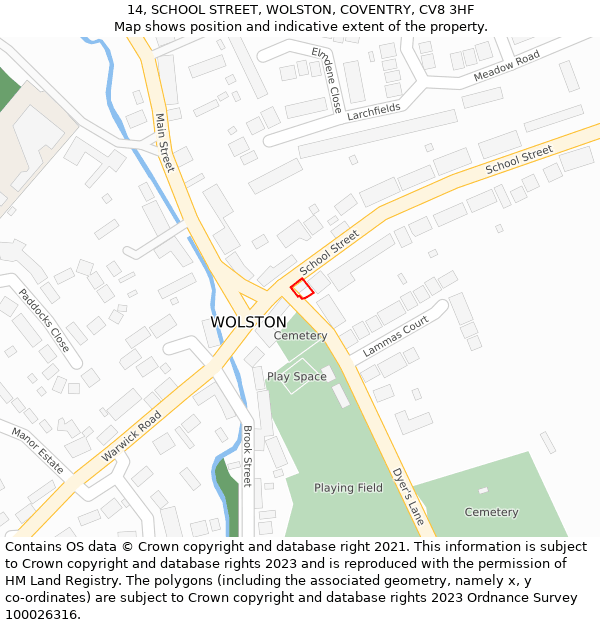 14, SCHOOL STREET, WOLSTON, COVENTRY, CV8 3HF: Location map and indicative extent of plot