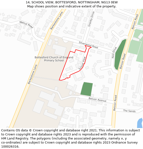 14, SCHOOL VIEW, BOTTESFORD, NOTTINGHAM, NG13 0EW: Location map and indicative extent of plot