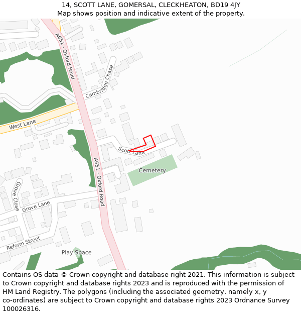 14, SCOTT LANE, GOMERSAL, CLECKHEATON, BD19 4JY: Location map and indicative extent of plot