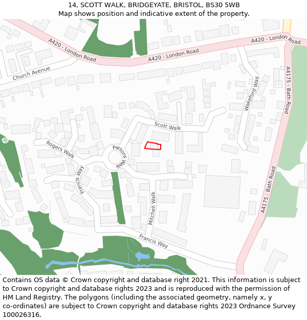 14, SCOTT WALK, BRIDGEYATE, BRISTOL, BS30 5WB: Location map and indicative extent of plot