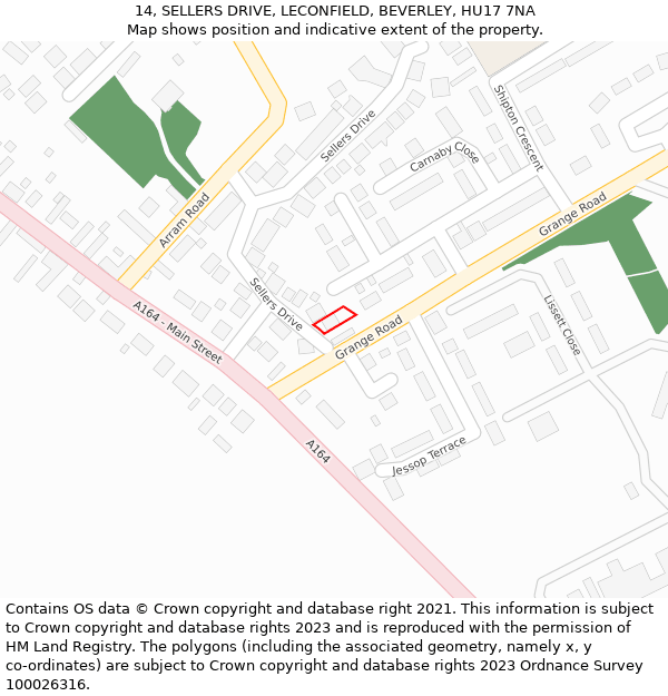 14, SELLERS DRIVE, LECONFIELD, BEVERLEY, HU17 7NA: Location map and indicative extent of plot