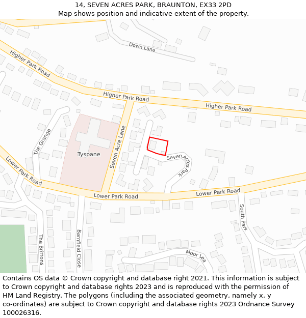 14, SEVEN ACRES PARK, BRAUNTON, EX33 2PD: Location map and indicative extent of plot