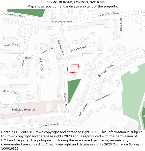 14, SEYMOUR ROAD, LONDON, SW19 5JS: Location map and indicative extent of plot