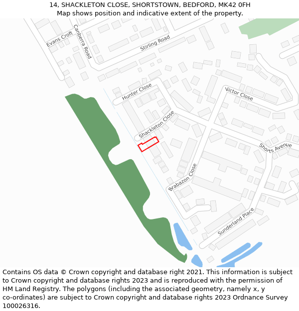 14, SHACKLETON CLOSE, SHORTSTOWN, BEDFORD, MK42 0FH: Location map and indicative extent of plot