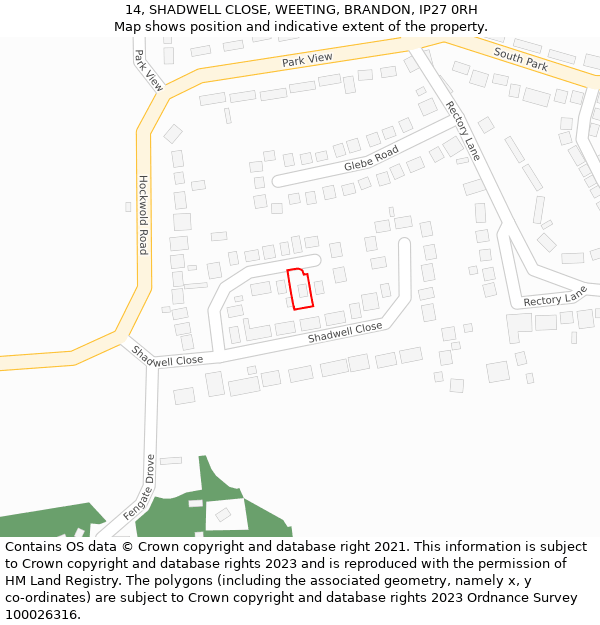 14, SHADWELL CLOSE, WEETING, BRANDON, IP27 0RH: Location map and indicative extent of plot