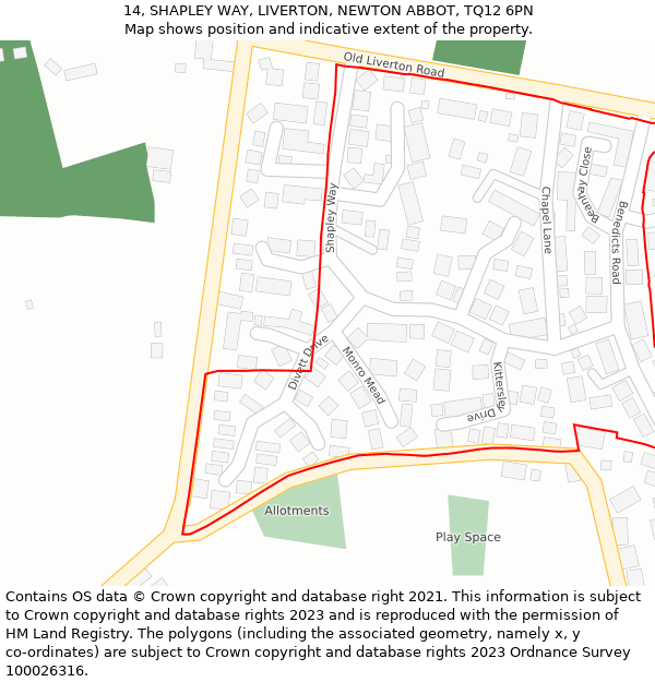 14, SHAPLEY WAY, LIVERTON, NEWTON ABBOT, TQ12 6PN: Location map and indicative extent of plot