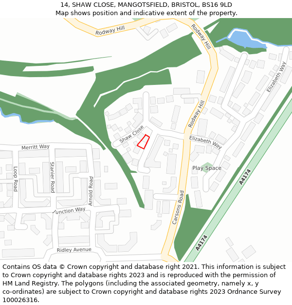 14, SHAW CLOSE, MANGOTSFIELD, BRISTOL, BS16 9LD: Location map and indicative extent of plot