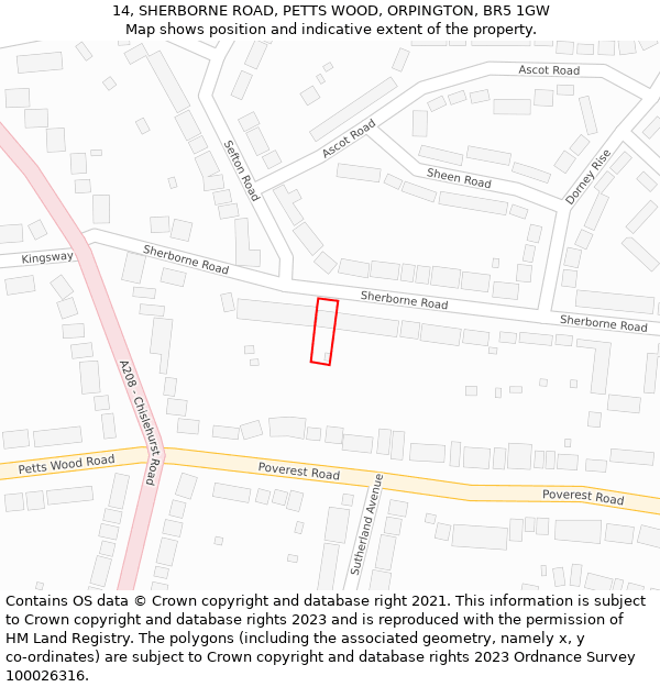 14, SHERBORNE ROAD, PETTS WOOD, ORPINGTON, BR5 1GW: Location map and indicative extent of plot