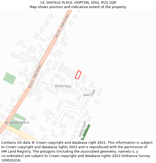 14, SHICKLE PLACE, HOPTON, DISS, IP22 2QR: Location map and indicative extent of plot