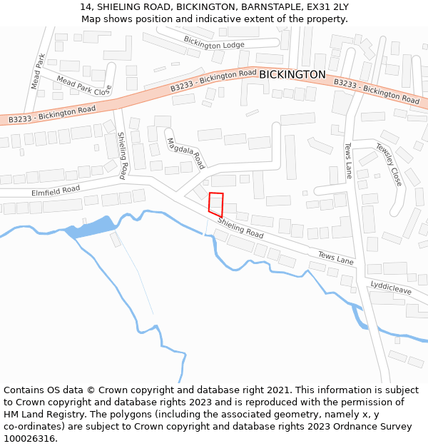 14, SHIELING ROAD, BICKINGTON, BARNSTAPLE, EX31 2LY: Location map and indicative extent of plot